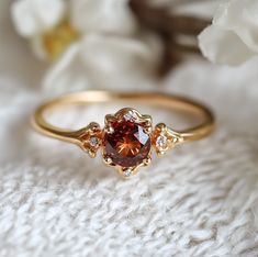 garnet ring Amber Engagement Rings, Red Engagement Ring Unique, Brown Gemstone Ring, Earthy Rings Engagement, 2 Stone Rings, Amber Engagement Ring, Ruby Engagement Ring Gold, Heart Of Fire, Engagement Rings Gemstone