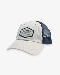 The front view of the Southern Tide Big Tuna Trucker Hat by Southern Tide - Light Grey Casual Snapback Hat With Flat Bill For Fishing, Casual Flat Bill Snapback Hat For Fishing, Adjustable 5-panel Baseball Cap For Fishing, Fishing Snapback Hat With Curved Brim, Fishing Snapback Baseball Cap, Gray Trucker Hat With Curved Brim For Outdoor, Gray Casual Fishing Hat, Adjustable Curved Brim Baseball Cap For Fishing, Casual Flat Bill Baseball Cap For Fishing