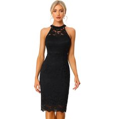 In a charming design, this bodycon cocktail sheath dress adds to your choice for the upcoming seasons. Stretch and nice quality material, you can wear it comfortably all day, and the lace trim hem highlights your legs long. Pairing with high heels can build an elegant party look, and you can cover up with a trench coat in fall and springtime. Halter Cocktail Dress Classy, Elegant Knee-length Sleeveless Dress For Date Night, Elegant Halter Neck Bodycon Sleeveless Dress, Elegant Bodycon Sleeveless Dress With Halter Neck, Elegant Sleeveless Bodycon Dress For Date Night, Elegant Sleeveless Bodycon Dress, Simple Black Dress Classy, Cocktail Dress Classy, Halter Cocktail Dress