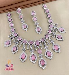 Baby Pink Silver AD necklace Earring set| American diamond necklace| Cz Diamond Indian Wedding jewelry|Bollywood Style Jewelry| Gift for her Pink Cubic Zirconia Teardrop Jewelry, Pink Teardrop Cubic Zirconia Jewelry, Pink Oval Cubic Zirconia Necklaces, Pink Oval Cubic Zirconia Necklace, Pink Oval Cubic Zirconia Jewelry, Pink Round Cubic Zirconia Bridal Necklace, Pink Cubic Zirconia Bridal Necklace, Pink Diamond Bridal Necklace Hand Set, Hand Set Pink Crystal Bridal Necklace