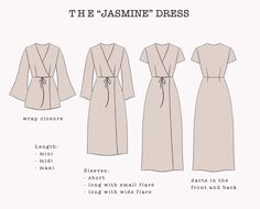 the jasmine dress sewing pattern is shown in three different sizes, including long and short sleeves