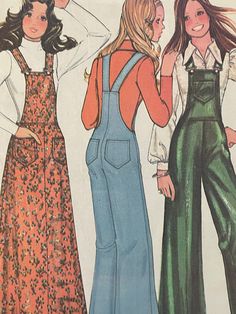 Stitch trimmed overalls and jumper have lined bib, patch pockets, buckled straps, and left side zipper. The pattern is neatly cut and complete with instructions. The envelope has discoloration due to age and wear/small tears at the edges. Vintage Overalls Pattern, Overalls Outfit 70s, Fall Bib Front Overalls With Suspenders, Fitted Bib Front Overalls For Fall, Fall Shortalls With Bib Front And Pockets, Vintage Bib Front Shortalls With Pockets, Retro Bib Front Overalls With Pockets, Vintage Bib Front Overalls With Pockets, Retro Style Shortalls With Pockets