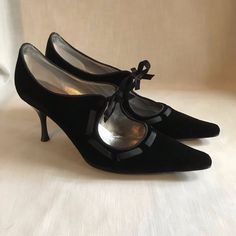 Salvatore Ferragamo "Bardwell" Evening Heels In Black Velvet With Grosgrain Satin Ribbon Trim And Dainty Bow (Over Elastic Strip). Pointed Toe With 3 Inch Glossy Black Patent Heels. Euc With Minor Wear On Soles (See Picture). Size 7.5 B Black Velvet Heels, Evening Heels, Black Patent Heels, Velvet Heels, Patent Heels, Salvatore Ferragamo Shoes, Ribbon Trim, Picture Size, Satin Ribbon