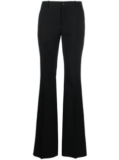 black wool tailored design high waist belt loops concealed fly and button fastening two rear welt pockets flared Elegant Fitted Flares For Workwear, Elegant Fitted Flares For Work, Classic Fitted Wide Leg Flares, Fitted Classic Wide Leg Flares, Black Flare Pants With Belt Loops, Classic Flare Formal Pants, Formal Flare Pants With Belt Loops, Classic Flare Pants For Formal Occasions, Tailored Flare Dress Pants For Formal Occasions