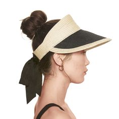 Natural vented hemp visor with black vented hemp bill and black grosgrain bow. From the Eugenia Kim Core Collection. 2.75"x 4.50" SKU: 21280-180CS Black Straw Hat With Uv Protection, Black Curved Visor Hat For Spring, Black Spring Hat With Curved Visor, Black Straw Visor Hat For Vacation, Adjustable Black Straw Sun Hat, Black Curved Brim Visor For Spring, Black Visor With Uv Protection For Spring, Black Visor Sun Hat For Summer, Black Adjustable Visor With Curved Brim