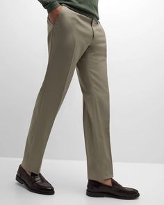 Men's solid wool pants by Brioni.Regular rise.Flat front.Side slip pockets.Back welt pockets.Full length.Straight legs.Button tab/zip closure; belt loops.Dry clean Made in Italy Model is 6'1'/185cm. Slim Fit Business Pants With Pockets, Business Pants With Pockets, Solid Color Business Pants With Pockets, Business Dress Pants With Pockets, Elegant Full-length Chinos, Business Casual Flat Front Pants With Belt Loops, Solid Wool Pants With Welt Pockets, Solid Work Pants With Pockets For Business, Tailored Full Length Pants With Belt Loops