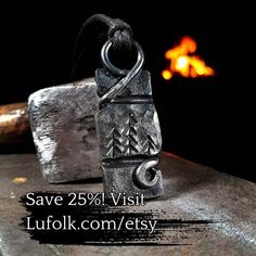 Get 25% off ! Visit Lufolk.com/etsy Hand-forged blacksmith-made forest necklace with pine tree motif. Perfect gift for any nature lover! It's made with burned linseed oil coating to give it the classic forged look and to prevent oxidation. -It measures approx. 55 mm x 20 mm -Cord is included.  (Note: Since it's all handmade sizes and shapes may slightly vary) Feel free to contact me if you have any questions. If you like this piece, be sure to check out my other products: www.etsy.com/shop/lufol Handmade Spiritual Necklaces For Outdoor, Adjustable Nature-inspired Jewelry For Outdoor, Adjustable Nature-inspired Outdoor Jewelry, Handmade Artisan Jewelry For Outdoor, Outdoor Artisan Handmade Jewelry, Handmade Rustic Jewelry For Outdoor, Outdoor Handmade Pendant Jewelry, Forest Necklace, Jewelry Rustic