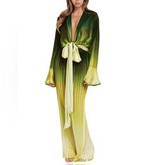 Turn Faces Pale With Envy In This Stunning Pant Set. Features A Dramatic Deep V Tie Top With Trumpet Cuffs On The Sleeves & Pleated Wide Leg Pants. Fades From A Deep Forest Green To Olive, Chartreuse, Then Parchment! Measurements Provided Upon Request! Elegant Yellow Fitted Jumpsuits And Rompers, Elegant Fitted Yellow Jumpsuits And Rompers, Elegant Fitted Yellow Jumpsuit, Spring Evening Jumpsuits And Rompers With Tie Waist, Evening Jumpsuits And Rompers With Tie Waist For Spring, Green Summer Evening Jumpsuits And Rompers, Yellow Jumpsuits And Rompers For Spring Party, Yellow V-neck Jumpsuits And Rompers For Party, Yellow V-neck Jumpsuit For Parties