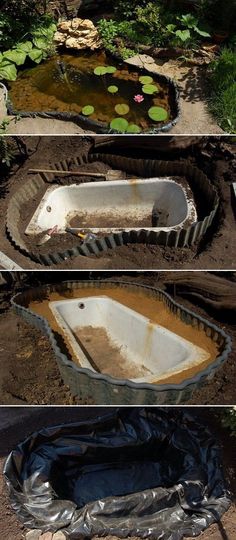 an old bathtub is being turned into a garden pond