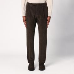 Brown corduroy Santaniello trousers featuring a front fastening, waist loops, two side welt pockets and two back welt pockets with flap and button fastening. Corduroy Tapered Leg Pants With Welt Pockets, Corduroy Pants With Welt Pockets And Tapered Leg, Corduroy Work Pants With Welt Pockets, Corduroy Trousers With Welt Pockets, Corduroy Work Pants With Patch Pockets, Corduroy Workwear Pants With Five Pockets, Classic Corduroy Bottoms With Welt Pockets, Corduroy Trousers, Golden Goose Sneakers