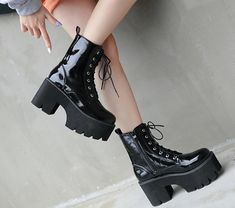 Walker Women's Black Patent Leather Platform Boots | Ultrasellershoes.com – Ultra Seller Shoes Techwear Boots, Ankle Leather Boots, Chunky Wedges, Goth Shoes, Chunky Ankle Boots, Leather High Heel Boots, Black Platform Boots, Chunky Shoes, Black Leather Ankle Boots