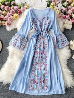 Women's Bohemian Dress Ethnic Embroidered Floral V-Neck Flared Sleeve Holiday Dress Spring V-neck Dress With Multicolor Embroidery, Bohemian V-neck Kaftan For Spring, Red V-neck Boho Hippie Dress, Fitted V-neck Kaftan For Vacation, Summer V-neck Dress With Embroidered Hem, V-neck Boho Dress With Boho Print For Festivals, Traditional V-neck Maxi Dress With Boho Print, Bohemian Embroidered Fitted V-neck Dress, Red Folk Style V-neck Dress