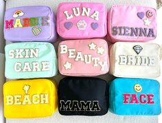 six personalized makeup bags with different designs on them