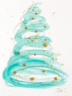 a painting of a christmas tree with gold dots on white paper and blue watercolor paint