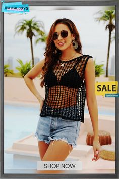 Allery Crochet Knit Sleeveless Tank - Black Stretch Tank Vest For The Beach, Stretch Tank Vest For Beach, Sleeveless Knit Top For Beach, Sleeveless Crochet Knit Top For Beach, Trendy Knitted Sleeveless Tank Top, Chic Knitted Sleeveless Vest, Beach Tank Knit Vest Top, Sleeveless Crochet Top For Beach Season, Beach Tank Vest Knit Top