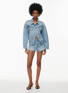 THE '90S VINTAGE CUT-OFF DENIM SHORT | Aritzia Medium Wash Denim Jean Shorts For Fall, Fall Medium Wash Denim Jean Shorts, Oversized Spring Jeans With Frayed Hem, Oversized Jeans With Frayed Hem For Spring, Denim Jean Shorts With Frayed Hem For Fall, Frayed Hem Denim Jean Shorts For Fall, Relaxed Fit Rigid Denim Casual Shorts, Casual Rigid Denim Shorts With Relaxed Fit, Casual Relaxed Fit Rigid Denim Shorts