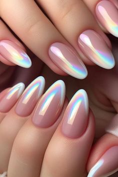 Rainbow Chrome Nails French Tip, Chrome Fade Nails, One Tone Nails, Holo French Tip Nails, Nails Crome Ideas, Subtle Chrome Nails, Light Chrome Nails, Fancy French Tip Nails, Irridecent Design Nails