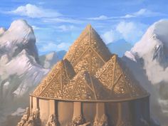 an artistic rendering of a pyramid in the desert with mountains behind it and clouds overhead