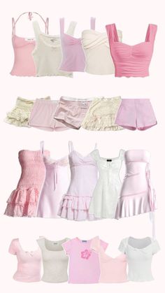 there are many different types of dresses on display in this photo, including pink and white