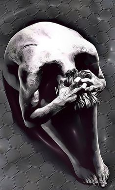 a drawing of a human skull on a black and white background with hexagonal grids