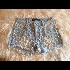 Super Cute Denim Shorts. Has Pearls With Rhinestones Attached On Pearls. New, Never Worn, Tags Attached. Size 5. Trendy Rhinestone Denim Jean Shorts, Summer Rhinestone Denim Jeans, Trendy Rhinestone Denim Shorts, Summer Denim Blue Bottoms With Rhinestones, Summer Denim Blue Rhinestone Bottoms, Summer Fitted Jeans With Rhinestones, Denim Blue Rhinestones Bottoms For Summer, Fitted Summer Jeans With Rhinestones, Fitted Rhinestone Jeans For Summer