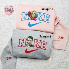 Joker And Harley Quinn x Nike Couple Embroidered Shirt, Movie Characters Embroidered Hoodie, Valentine's Day Embroidered Sweatshirt Nike Couple, Disney Characters Halloween, Nike Stuff, Silhouette Disney, Nike Inspired, Dominic Toretto, Couples Shirts, Embroidered Shirts, Disney Outfit