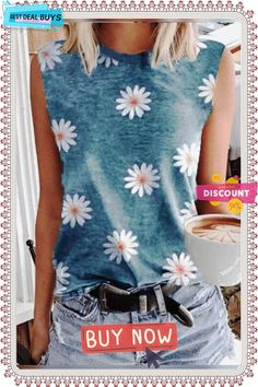 Sleeveless T-shirt with Daisy Print Round Neck Casual Sleeveless Summer T-shirt, Stretch Sleeveless T-shirt With Graphic Print, Trendy Summer Tank T-shirt, Casual Sleeveless T-shirt With Graphic Print, Casual Sleeveless Graphic Print T-shirt, Printed Stretch Tank Top For Spring, Casual Sleeveless Muscle Tee For Summer, Stretch Printed T-shirt For Summer, Trendy Tank T-shirt For Spring