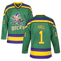 Terry Hall 1 Mighty Ducks Movie Ice Hockey Jersey Jersey One Green Jersey For Sports Events, Green Jersey With Letter Print For Sports, Green Jersey With Letter Print For Sports Season, Cotton Jersey With Team Logo, Green Jersey With Team Name For Sports Season, Green Team Spirit Jersey For Sports Season, Green Letter Print Jersey For Game Day, Green Cotton Sports Jersey, Green Collegiate Jersey For Game Day