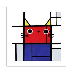 a red and blue cat with yellow eyes on it's face is in front of a white background