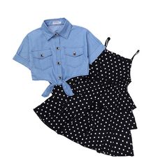 Brand Name: DOCHEERMaterial: COTTONMaterial: PolyesterGender: GirlsAge Range: 4-6yAge Range: 7-12yStyle: CasuaSeason: SummerCollar: Turn-down CollarItem Type: SetsClosure Type: Single BreastedModel Number: NONESleeve Length(cm): SHORTSleeve Style: RegularFit: Fits true to size, take your normal sizeOuterwear Type: ShortsPattern Type: polka dotDepartment Name: Children Short Sleeve Coat, Denim Jacket Fashion, Girl Sleeves, Printed Casual Dresses, Cool Baby, Summer Outfits Kids, Set Outfits, Childrens Dress, Layer Dress