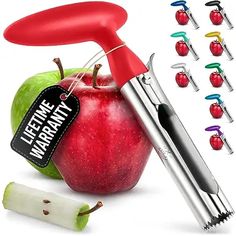 an apple peeler with several apples in front of it and eight pieces of fruit