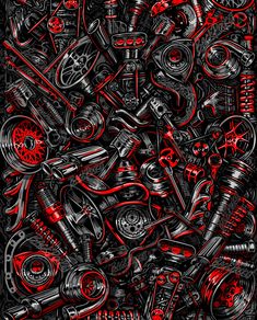 an image of many different types of items in red and black colors on a black background