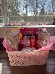 pink basket for my bsp's day with products in it on a table