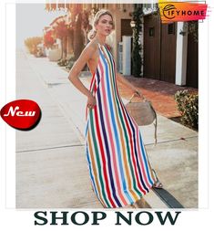 Women Sling Backless Beach Stripe Evening Party Long Maxi Sundress Chic Backless Maxi Dress For Summer, Multicolor Sleeveless Summer Dress, Summer Beach Sleeveless Multicolor Dress, Trendy Beach Dress With Spaghetti Straps, Casual Beach Dress With Spaghetti Straps For Party, Beachwear Spaghetti Strap Beach Dress For Summer Parties, Beachwear Beach Dress With Spaghetti Straps For Summer Parties, Beachwear Dress With Spaghetti Straps For Summer Parties, Trendy Beach Maxi Dress For Beach Season