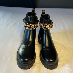 Sugar Ankle Boot Removable Gold Chain Strap Size 9 Never Worn Super Fast Shipping Trendy Chain Boots For Fall, Chain Detailed Round Toe Boots For Fall, Chain Boots With Round Toe For Fall, Chain-detail Round Toe Boots For Fall, Chain-detailed Round Toe Boots For Fall, Black Boots With Chain Strap For Fall, Chic Black Boots With Chain Detail, Chic Black Boots With Chain, Chain Strap