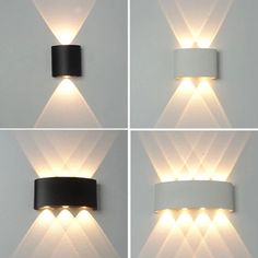 four different angles of a wall light with three lights on each side and one in the middle