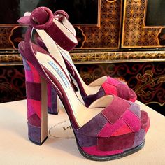 Beautiful Wine, Fuscia, Purple, And Red Patchwork Platform Heel. Brand New, Never Worn. Artsy Shoes, Prada Pink, Pink Nike Shoes, Shoes Prada, Pink Nike, Chic Leather, Animal Coloring, Pink Nikes, Platform Heel