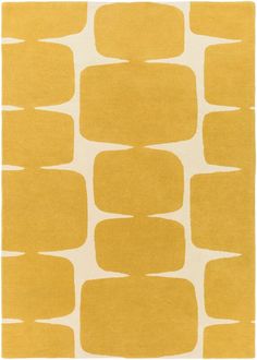 a yellow and white rug with rounded shapes on the bottom, in an abstract pattern