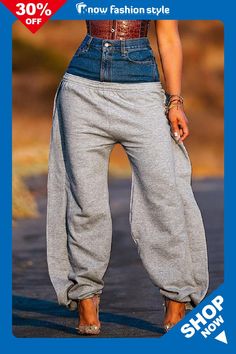 Grey Street Solid Patchwork High Waist Harlan Patchwork Bottoms Casual Fitted Bottoms With Splicing, Casual Fitted Bottoms With Splicing Detail, Knitting Pants, Laura Govan, Patchwork Knitting, Denim Diy Clothes, Loose Sweatpants, Grey Street, Upcycle Clothes Diy