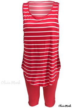 Olivia Mark - Blended Two-Piece Casual Suit: Plus Size, Black and White Striped Design Striped Sleeveless Tops For Loungewear, Red Sleeveless Top For Loungewear, Sleeveless Striped Tops For Loungewear, Professional Plus Size, Two Piece Suits, Striped Two Piece, Plus Size Two Piece, Traje Casual, Casual Stripes