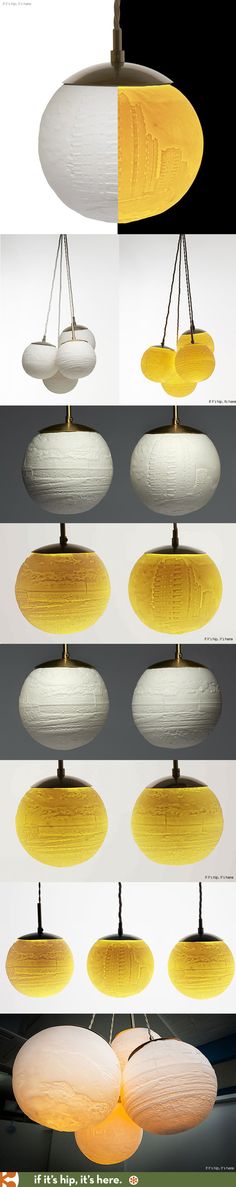 several different types of lamps hanging from the ceiling