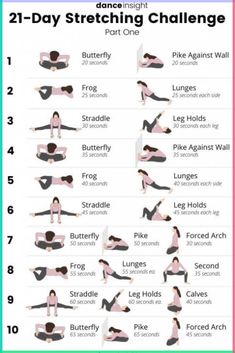 the 21 - day stretching challenge for beginners is shown in this poster, with instructions to