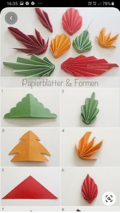 the steps to make origami trees and leaves from paper that are folded in different colors