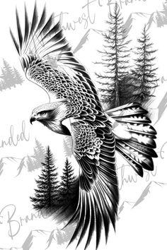 an eagle flying through the air with pine trees in the background and words above it