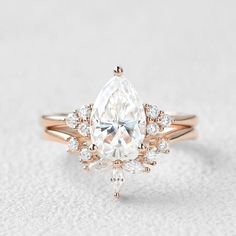 2.0ct Pear Shaped Moissanite Rose Gold Ring Set 2pcs - Felicegals 丨Wedding ring 丨Fashion ring 丨Diamond ring 丨Gemstone ring Pearl Stacking Ring, Rose Gold Ring Set, Detailed Engagement Ring, Solid Gold Band, Vintage Diamond Rings, Diamond Engagement Ring Set, Bridal Ring Sets, Gold Ring Sets, Bridal Ring Set