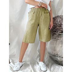 Season:Summer; Fabric:Linen Cotton Blend; Gender:Women's; Style:Casual Daily; Elasticity:Inelastic; Occasion:Going out,Weekend; Fit Type:Regular Fit; Function:Breathability,Comfortable; Pattern:Striped; Design:Elastic Waistband,Pocket; Pants Type:Shorts; Front page:FF; Listing Date:04/10/2024; Production mode:External procurement; Length:; Waist:; Fit US Size:; Fit UK Size:; Fit EU Size:; Pants Length:Knee Length; Print Type:3D Print Non-stretch Casual Beach Shorts, Casual Non-stretch Beach Shorts, Casual Khaki Shorts For Summer, Casual Non-stretch Vacation Shorts, Casual Non-stretch Shorts For Vacation, Casual Non-stretch Knee-length Shorts, Comfortable Stretch Shorts For Summer, Casual Green Wide Leg Shorts, Summer Stretch Khaki Bottoms