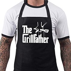 a man wearing an apron that says the grillfather with a tattoo on it