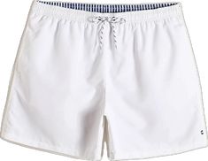 White Stretch Swim Trunks For Summer, White Swim Trunks With Elastic Waistband For Sports, White Moisture-wicking Bottoms For Beach Season, White Short Length Swim Trunks, White Short Length Pool Bottoms, White Short Length Swim Trunks For Swimming, Sporty White Swimwear With Drawstring, White Relaxed Fit Swim Trunks For Swimming, White Shorts With Elastic Waistband For Pool