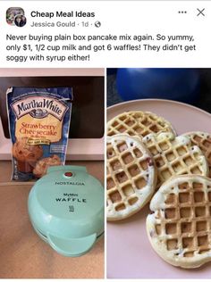 some waffles are sitting on a plate next to a bag of macaroni and cheese