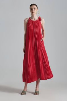 Noma Pleated Dress MEAN BLVD Mean Blvd, Always Shine, Yellow Tones, Silk Midi Dress, Red And Yellow, Silk Material, Pleated Dress, Bright Red, Dress Materials